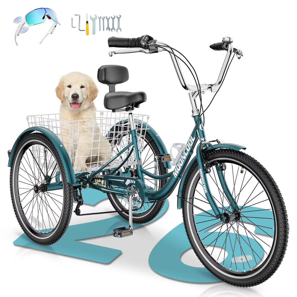 MOONCOOL Adult Tricycles with Rear Basket & Inflator, 24 26 inch 7 Speed 3 Wheel Bikes, Three-Wheeled Bicycles Adult Trike with Backrest for Seniors, Women, Men