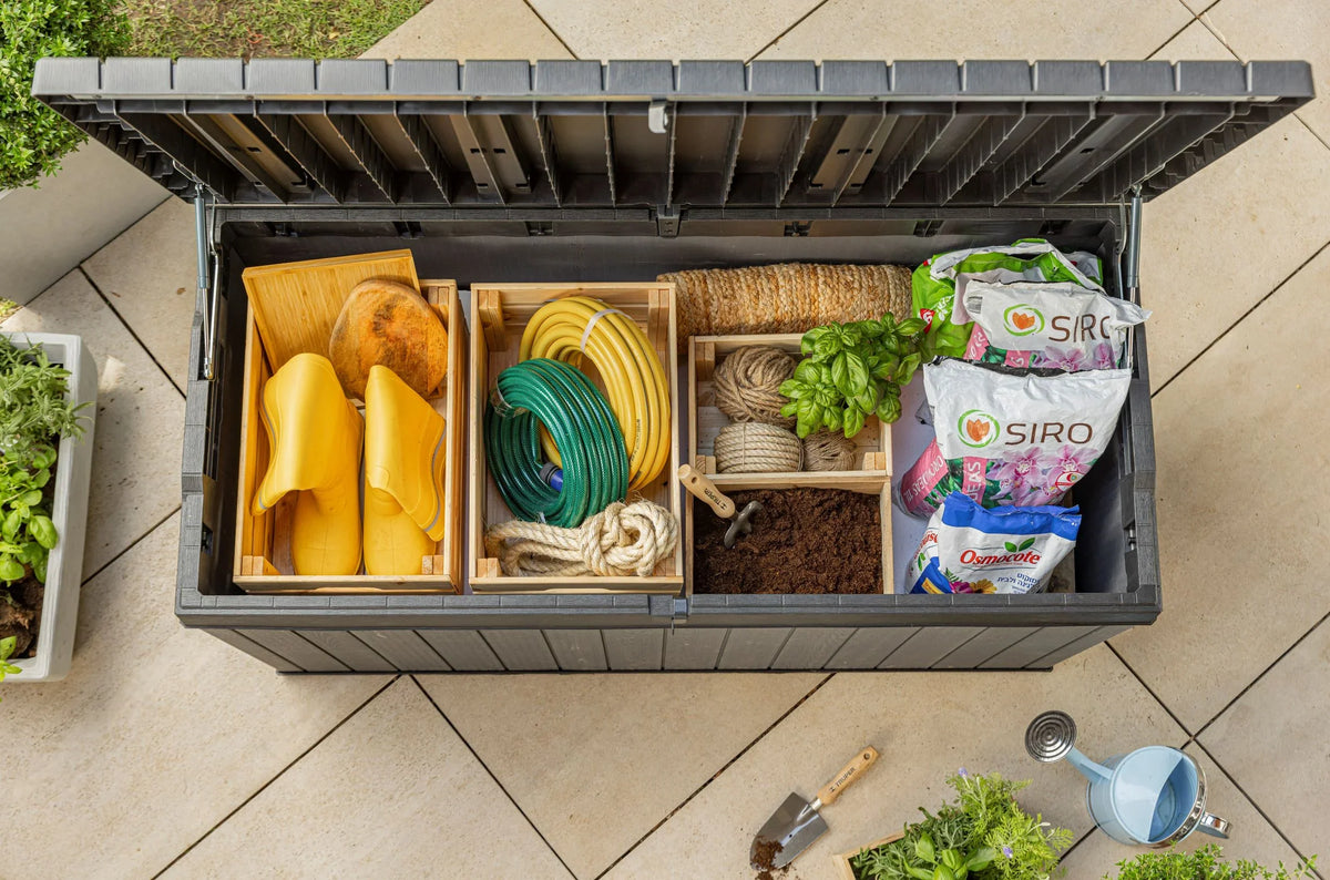 Keter Darwin 100 Gallon Large Resin Deck Box for Patio Outdoor Storage, Grey