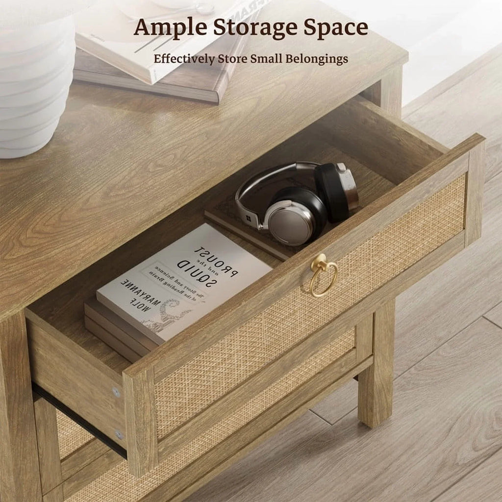 Surmoby Oak Boho 3-Drawer Nightstand Set of 2 - Extra Wide Storage Night Stand with Gold Handles Large&Tall Bed Side Table for Bedroom Living Room Enterway