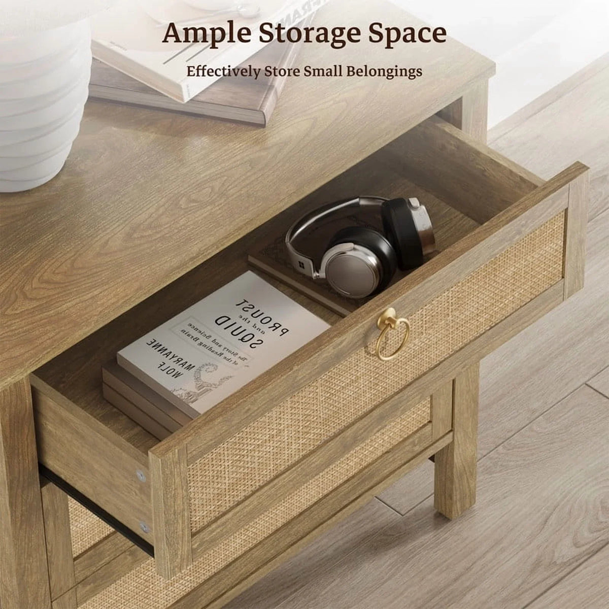 Surmoby Oak Boho 3-Drawer Nightstand Set of 2 - Extra Wide Storage Night Stand with Gold Handles Large&Tall Bed Side Table for Bedroom Living Room Enterway
