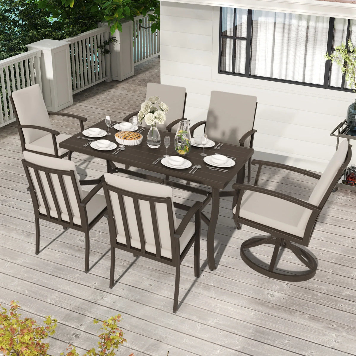 HAPPATIO 7 Piece Patio Dining Set, Aluminum Outdoor Dining Set for 6, Aluminum Dining Table and Chairs Set, Patio Dining Furniture with Aluminum Table, Chairs and Washable Cushions (Gray)