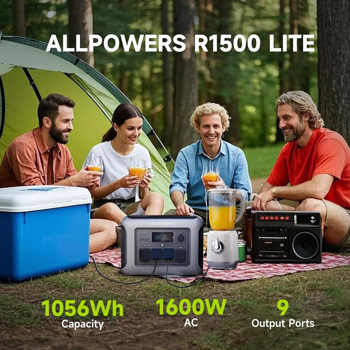 ALLPOWERS R1500 Portable Power Station 1600W, 1056Wh LiFePO4 Battery Solar Generator with 35dB Ultra-Quiet Operation, 1Hr Fast Charge, 15ms UPS for Home Backup, Indoor CPAP, Camping & RV