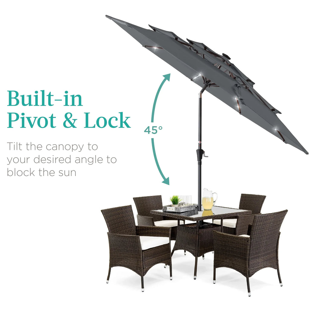 Best Choice Products 10ft 3-Tier Solar Patio Umbrella w/ 24 LED Lights, Tilt Adjustment, Easy Crank - Tan