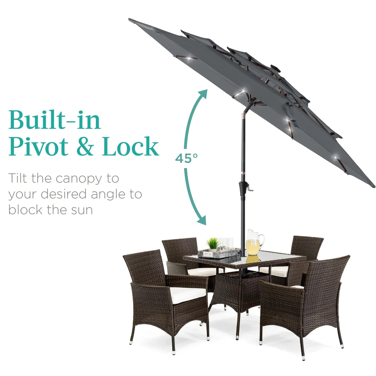 Best Choice Products 10ft 3-Tier Solar Patio Umbrella w/ 24 LED Lights, Tilt Adjustment, Easy Crank - Tan