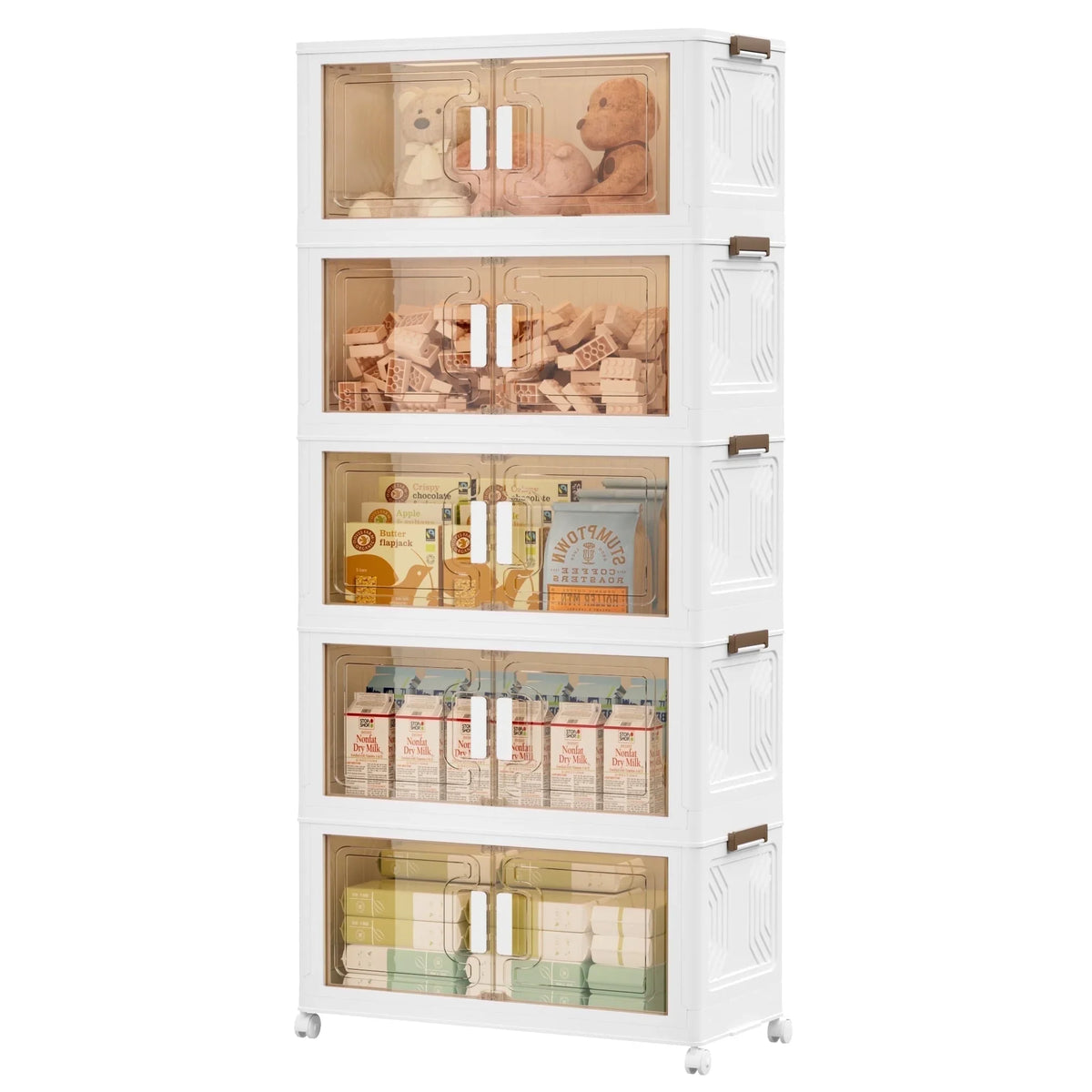 AZULLIA 290QT Stackable Plastic Collapsible Storage Bins with Lids, Wheels, Doors, 5 Pack GS01
