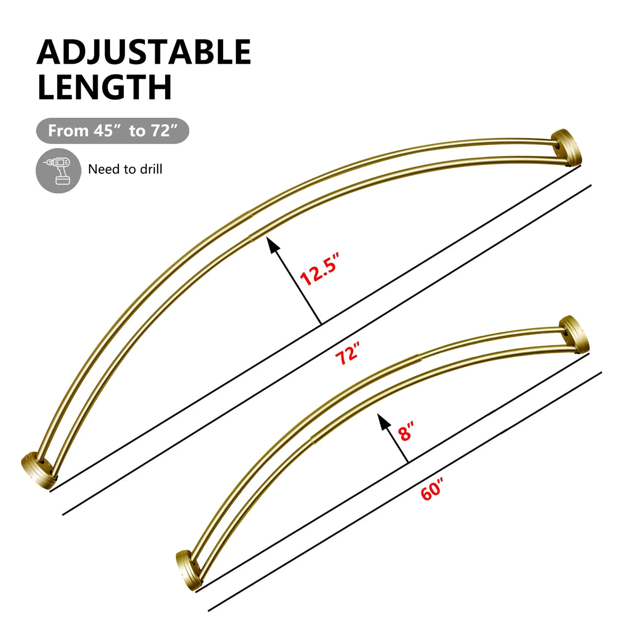 Utopia Alley Rustproof Wall Mounted Aluminum Double Curved Shower Curtain Rod, Screw Mount Rod, Secure Than Tension, Adjustable Shower Rod from 45" to 72", Includes shower liner & hooks (Bronze)