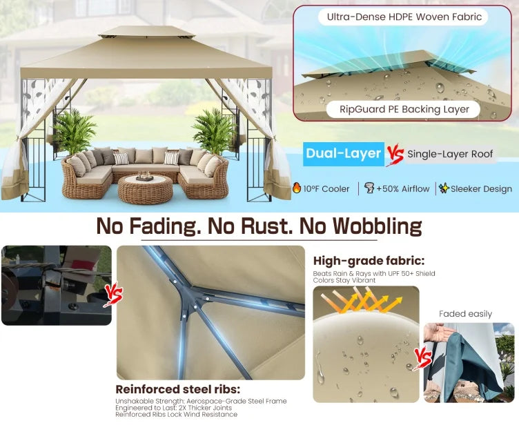 COBIZI 10' x 13' Pop Up Gazebo, Screened Patio Gazebo, Outdoor Steel Double Roof Canopy Tent, Metal Frame Canopy with Mosquito Netting, Sunshade for Garden, Lawns, Gray