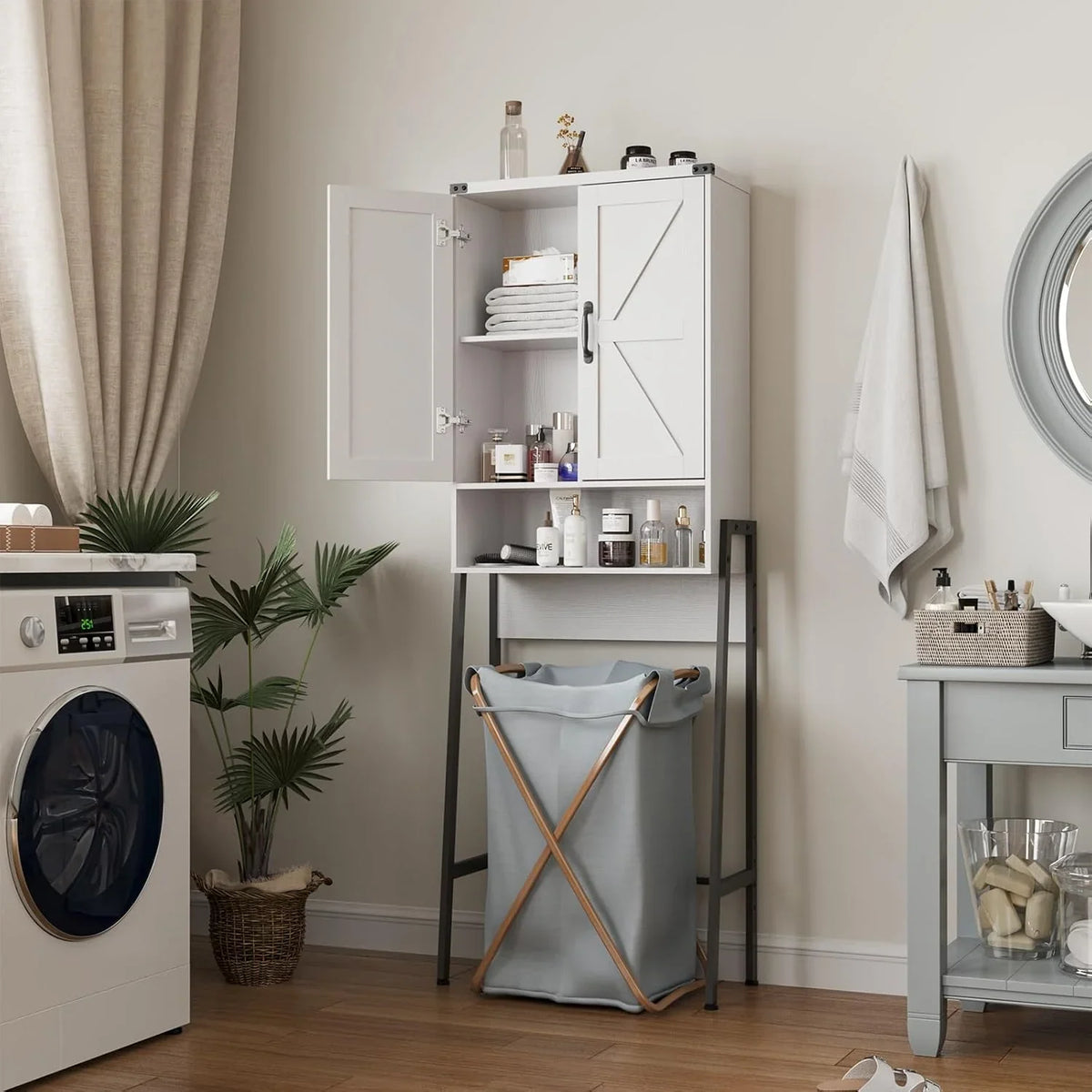 Vabches Over The Toilet Storage Cabinet, 68" H Farmhouse Freestanding Bathroom Storage Organizer with Double Doors & Storage Shelves