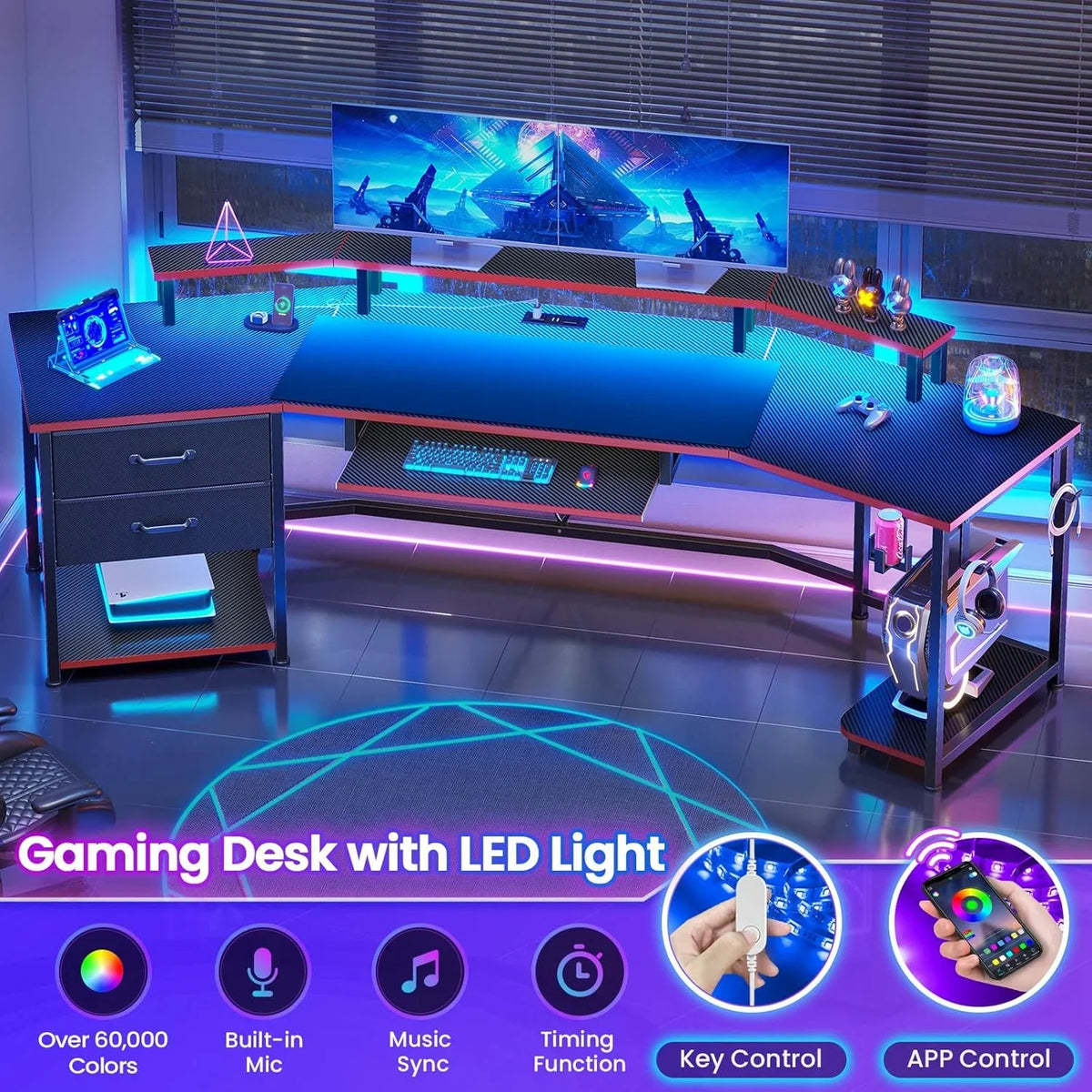 79" Gaming Desk with LED Lights and Power Outlets, U Shaped Desk with Monitor Stand and Drawers, Gaming Table with Keyboard Tray, Cup Holder and CPU Stand for Bedroom, Carbon Fiber Black