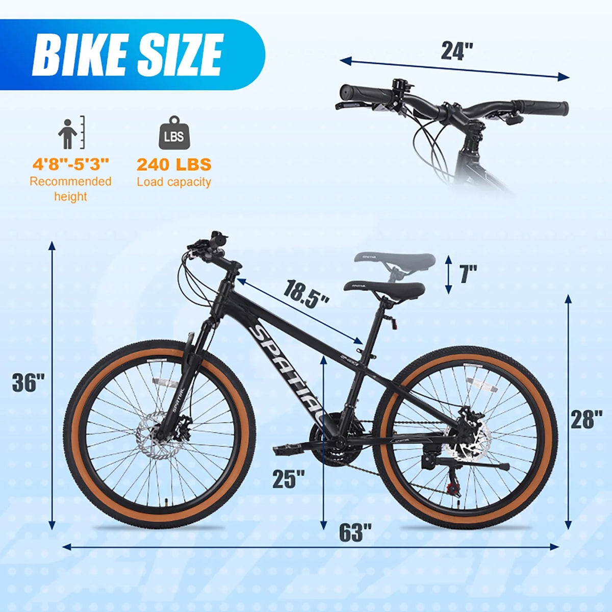 SPATIAL 24 inch Mountain Bicycle for Teenagers,21-Speed Gears MTB Mountain Bikes,Aluminum Frame Dual Disc Brakes