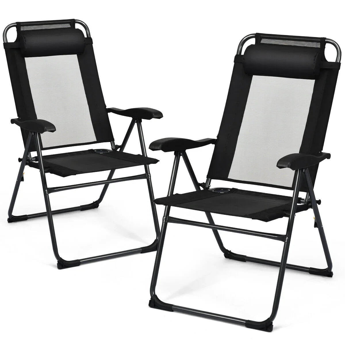 Gymax 2PC Folding Chairs Adjustable Reclining Chairs with Headrest Patio Garden Black