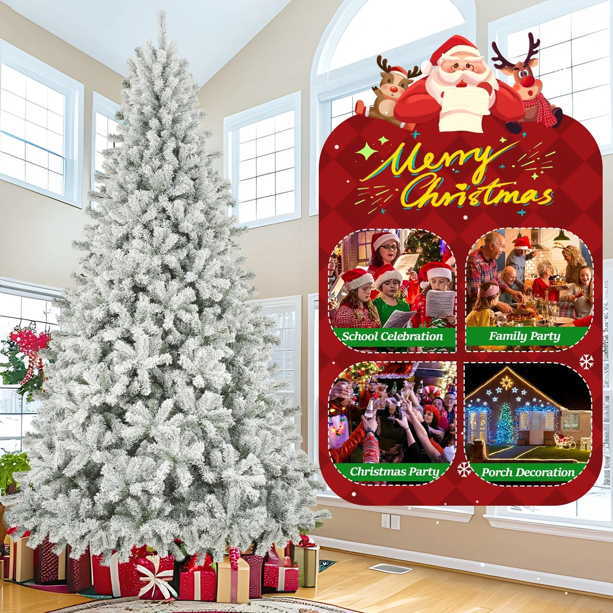 Qunler 9ft Snow Flocked Christmas Tree with 2028 Tips, Artificial Snowy Xmas Pine Tree with Reinforced Metal Base for Home Office Party Holiday Decorations,White(NO Light)
