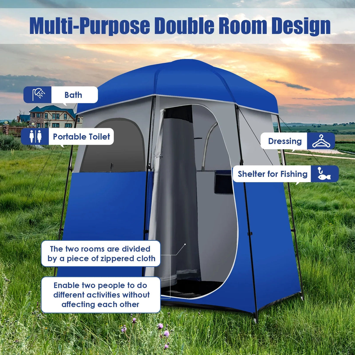 YUONAO 7'x3.5'x7 Double-Room Camping Shower & Toilet Tent with Floor and Carry Bag – Oversized Privacy Shelter for Outdoor Camping, Beach, Hiking