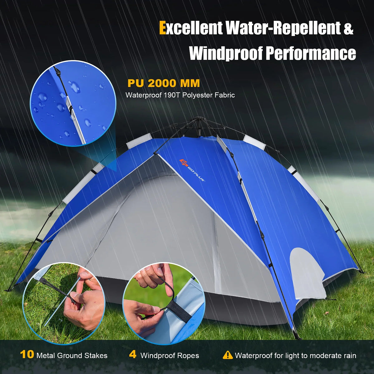 Goplus 4 Person Instant Pop-up Camping Tent 2-in-1 Double-Layer Waterproof Tent Blue