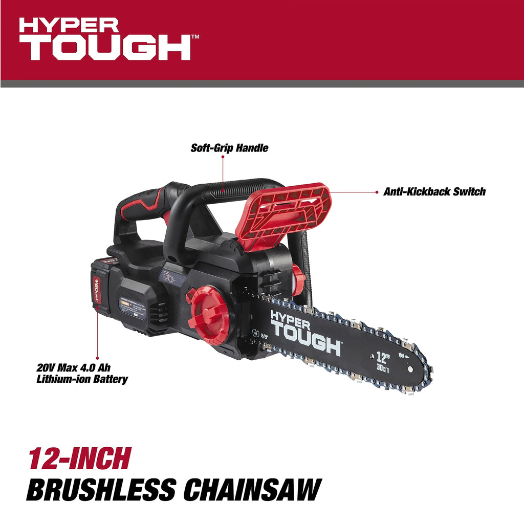 Hyper Tough 20V 4.0Ah Battery Powered 12in Brushless Chainsaw, HT22-401-03-03