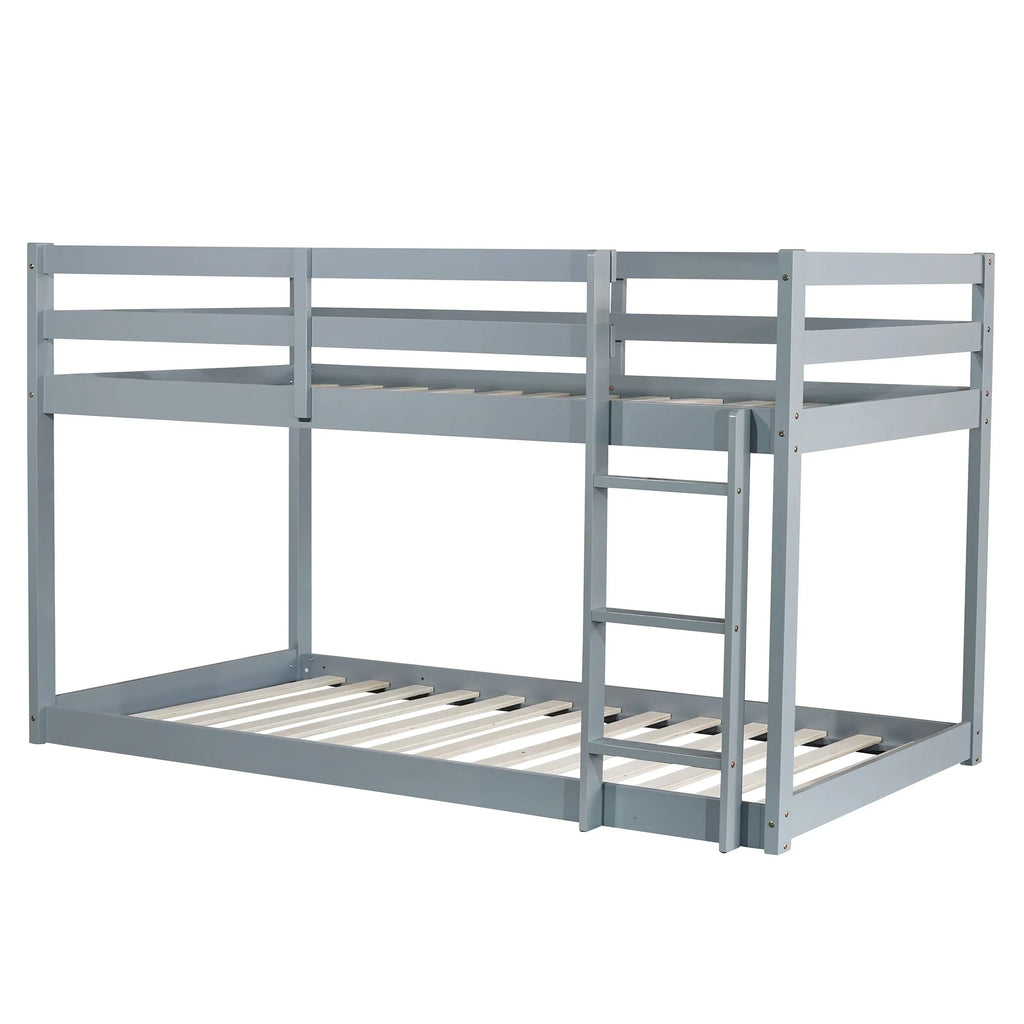 Twin Over Twin Floor Bunk Bed, UHOMEPRO Solid Wood Low Bunk Bed with Safety Rail, Ladder, Heavy Duty Bunk Beds, Space-Saving Bedroom Dorm Furniture, Gray