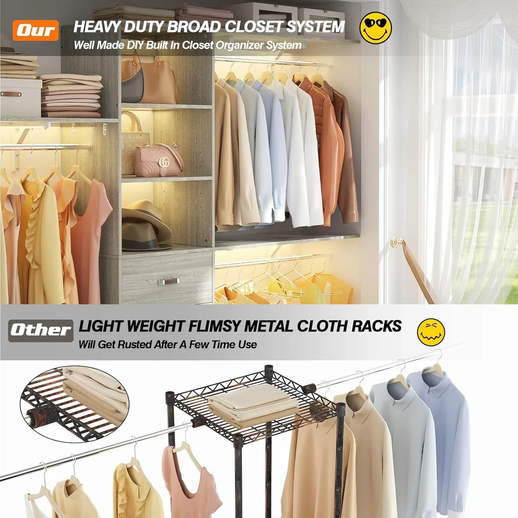 Homieasy 96 Inches Closet System, 8FT Walk In Closet Organizer with 3 Shelving Towers, Heavy Duty Clothes Rack with 3 Drawers, Built-In Garment Rack, 96" L x 16" W x 75" H, White