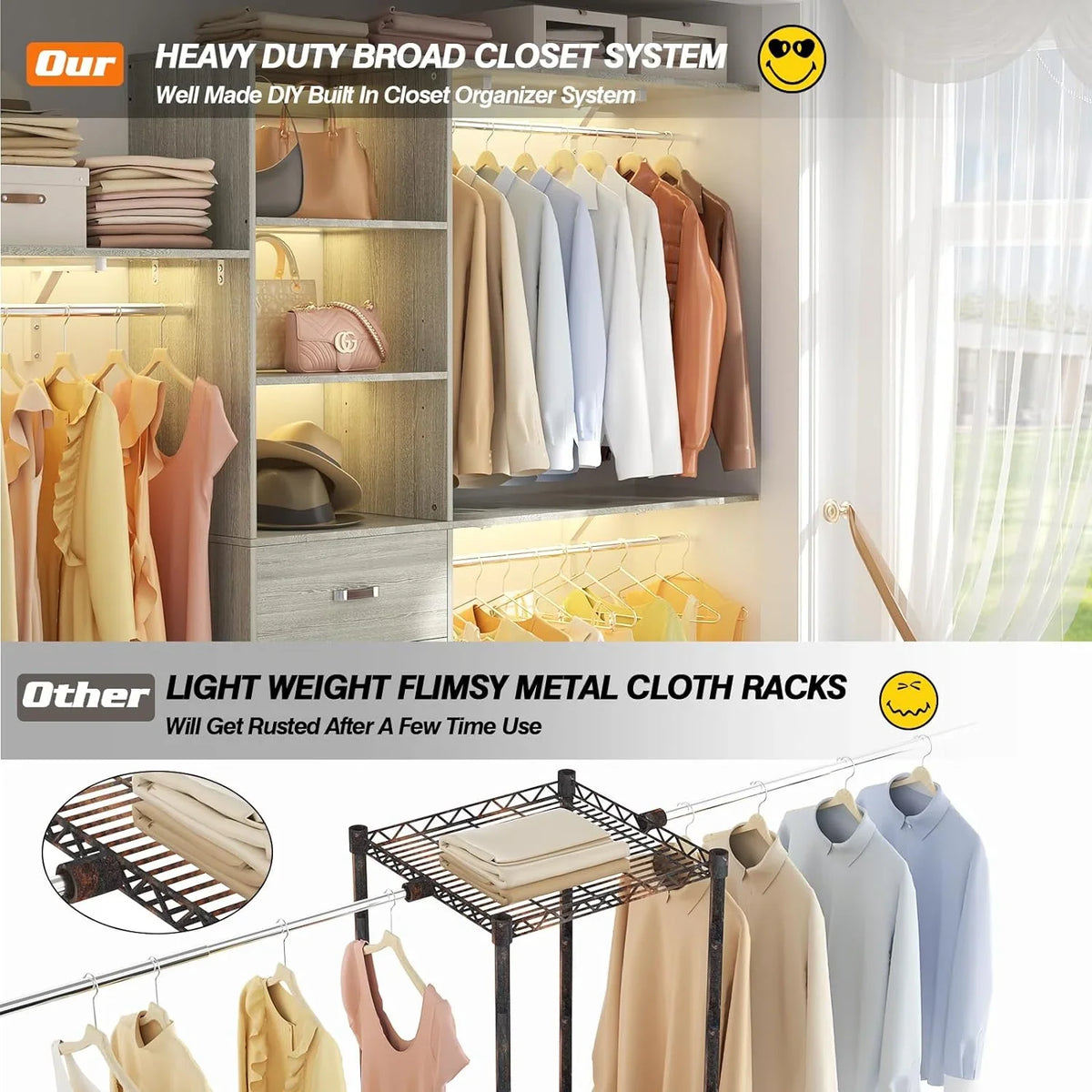 Homieasy 96 Inches Closet System, 8FT Walk In Closet Organizer with 3 Shelving Towers, Heavy Duty Clothes Rack with 3 Drawers, Built-In Garment Rack, 96" L x 16" W x 75" H, White