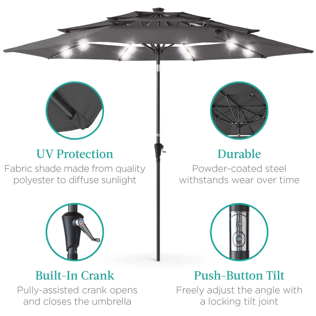 Best Choice Products 10ft 3-Tier Solar Patio Umbrella w/ 24 LED Lights, Tilt Adjustment, Easy Crank - Tan