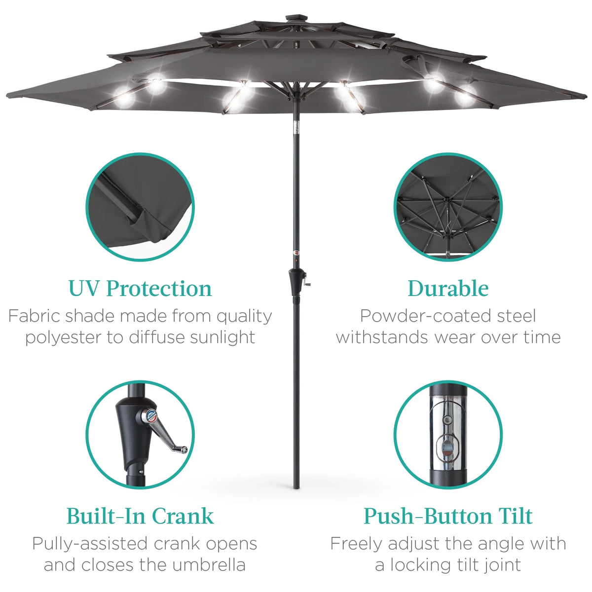 Best Choice Products 10ft 3-Tier Solar Patio Umbrella w/ 24 LED Lights, Tilt Adjustment, Easy Crank - Tan