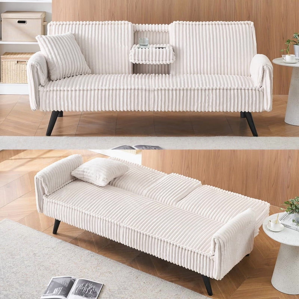 FFH Modern Corduroy Futon Sofa Bed with Adjustable Backrest,Convertible Loveseat Sleeper,Soft Couch with Drop-Down Table and Cup Holder for Living room,Pink