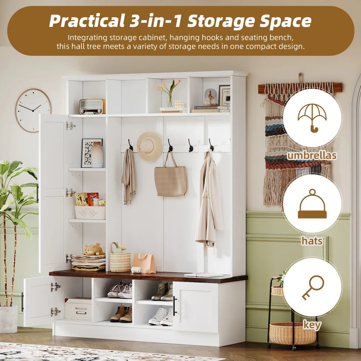 Hall Tree with Bench and Shoe Storage, 3-in-1 Hall Tree with Coat Rack, Adjustable Shoe Storage, 6 Hooks, 3 Cabinets, 4 Open Compartments, for Hallway, Entryway, Bedroom, Black