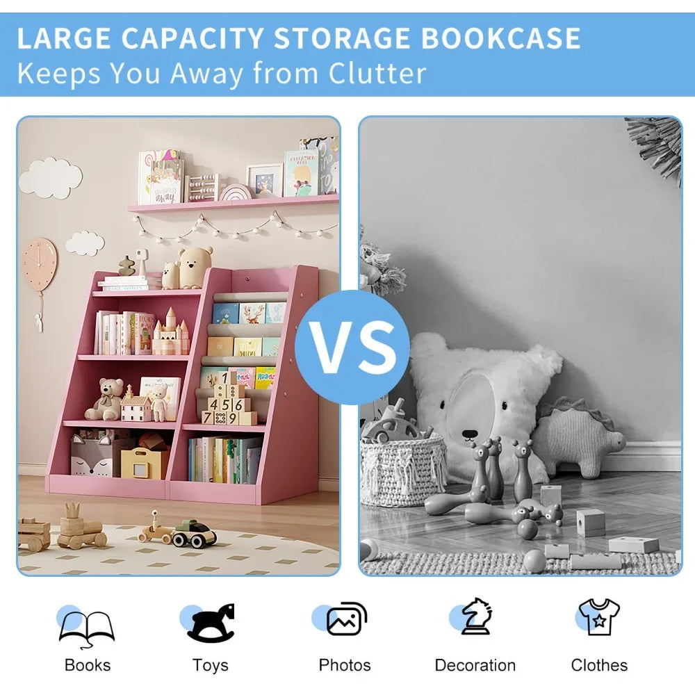 IVV Montessori Kid Bookshelf, Modern Wood Bookcase 4 Tier Children Book Rack Display Toy Storage Organizer Sling Book Rack for Classroom Bedroom Nursery Playroom (Pink)