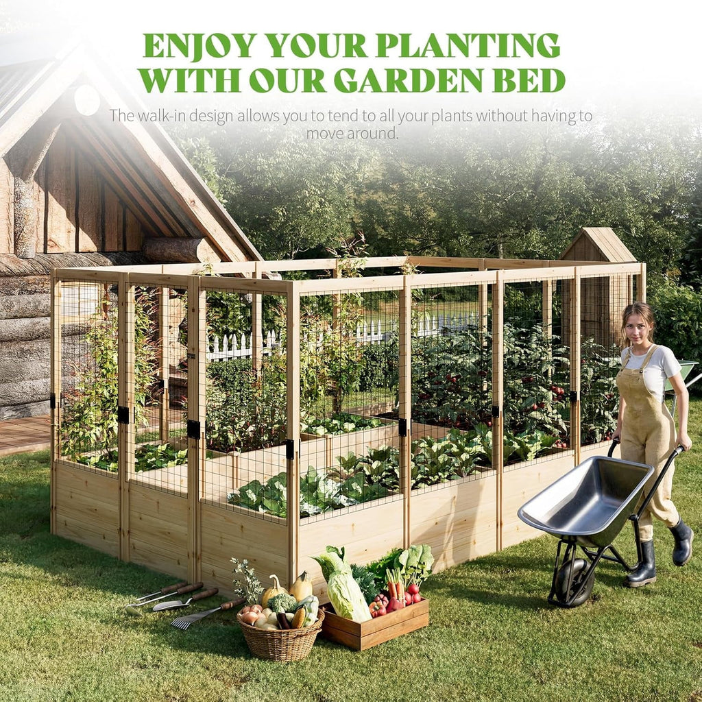 Jocisland Wooden Raised Garden Bed for Outdoor, Deep Large Planter Box with Netting for Gardening, Vegetables, Herbs"8"9"6 ft"