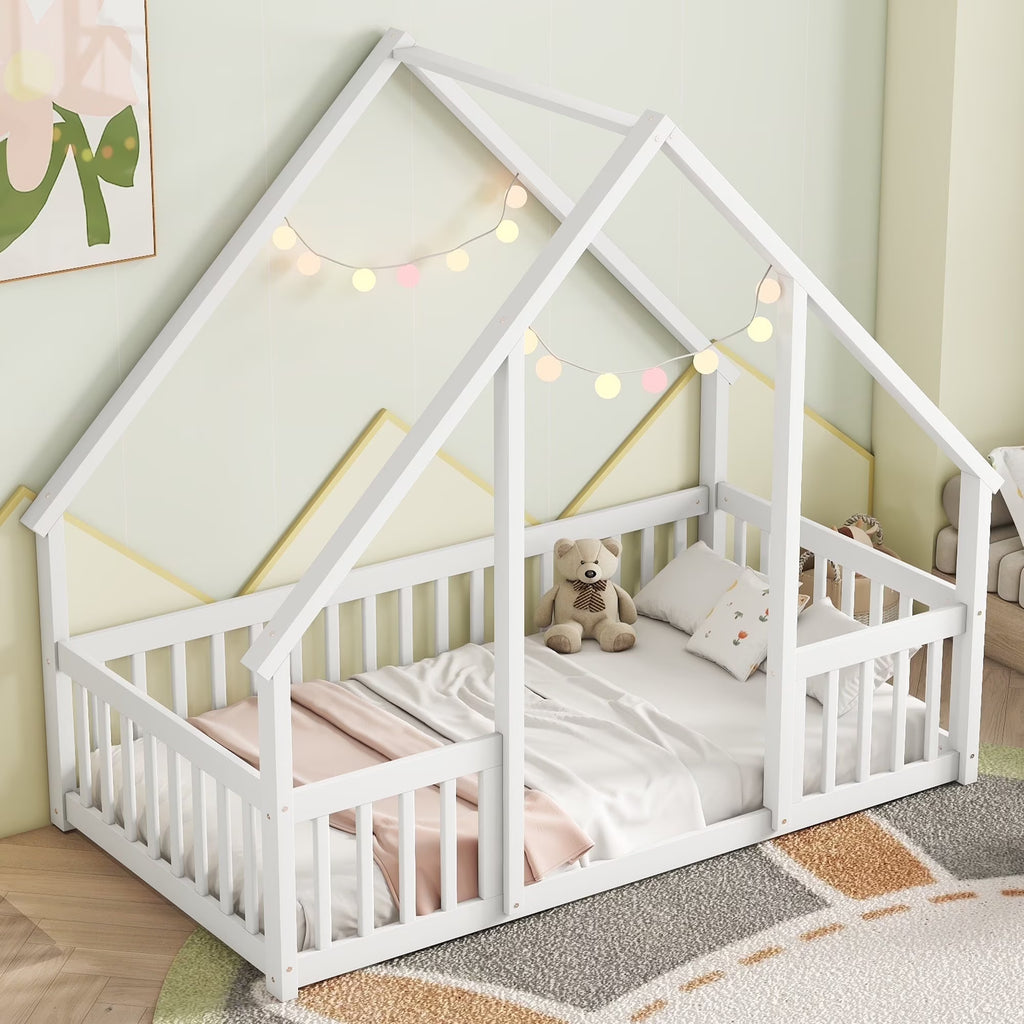 Bellemave Twin Size Floor Bed Frame, Wooden House Bed Twin Size with Fence, Montessori Bed with Guardrails for Bedroom (White)