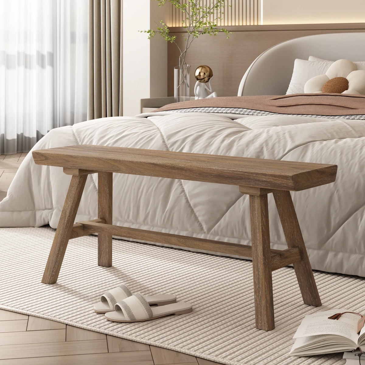 39" Solid Wood Bench, Rustic Farmhouse Wood Dining Room & Entryway Bench Seat for Indoors and Outdoors