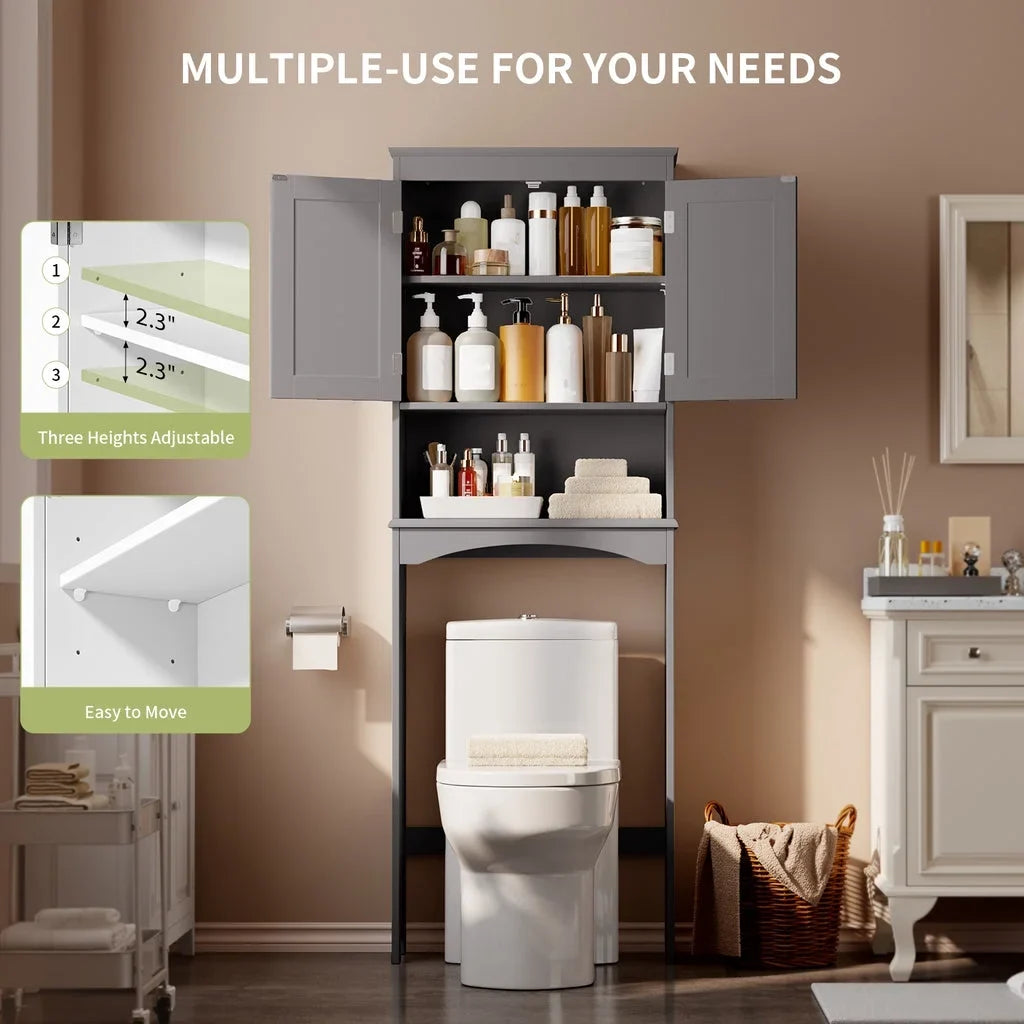 Aiho 66.1" over the Toilet Storage Cabinet with Adjustable Shelf and Open Storage Shelf, Freestanding - White