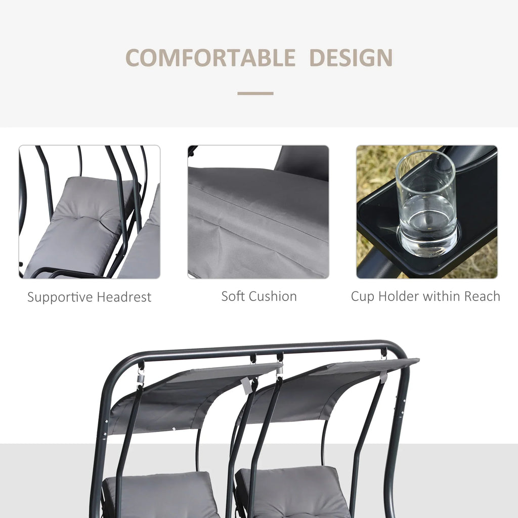 Outsunny 2-Seat Modern Steel Canopy Porch Swing with Cup Holder and Cushions, Beige/Black