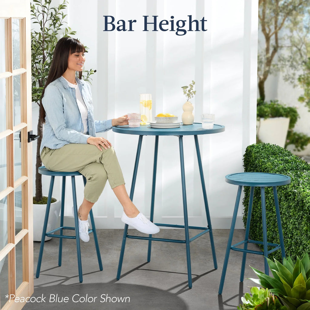 Best Choice Products 3-Piece Steel Patio Bar Height Round Bistro Set w/ Backless Stools, Slatted Design - Black
