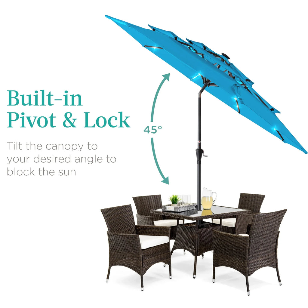 Best Choice Products 10ft 3-Tier Solar Patio Umbrella w/ 24 LED Lights, Tilt Adjustment, Easy Crank - Tan