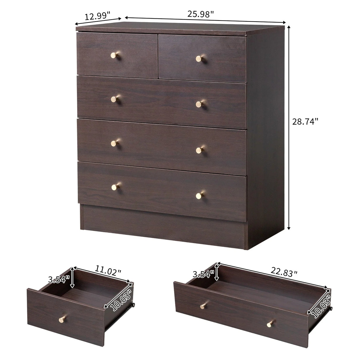 LLToo 25.98"L Dresser for Bedroom 5 Drawer Wide Modern Chest of Drawers for Bedroom,Brown