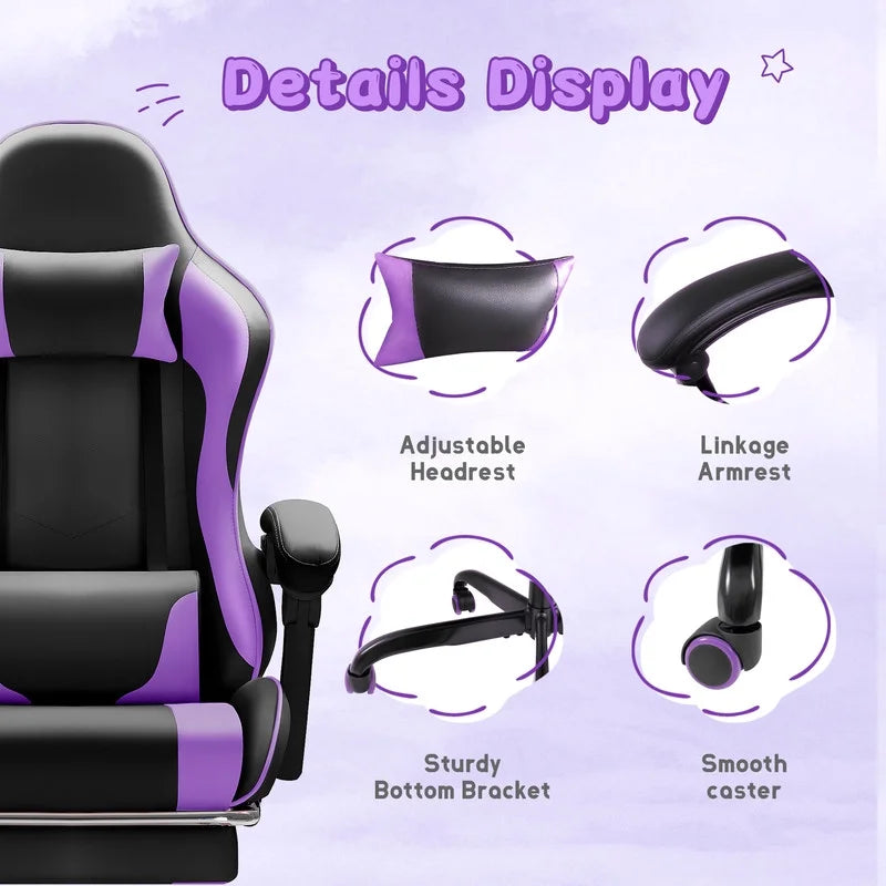 Lacoo PU Leather Gaming Chair Massage Ergonomic Gamer Chair Height Adjustable Computer Chair with Footrest & Lumbar Support, White
