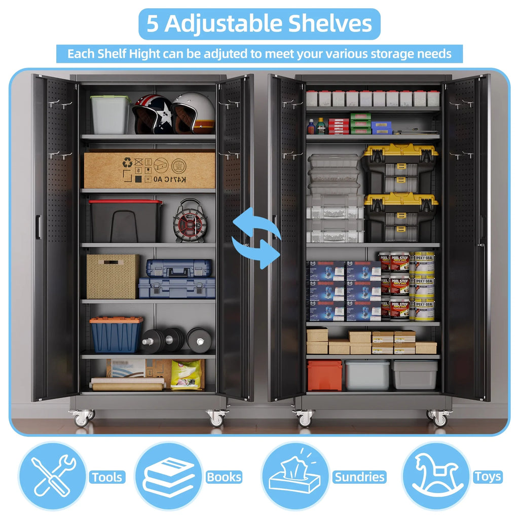 GangMei 71 inches Tall Metal Rolling Garage Storage Cabinets with Locking Doors and 5 Adjustable Shelves, Metal Storage Cabinet for Garage, Office, Home, Classroom, Assemble Required(Black)