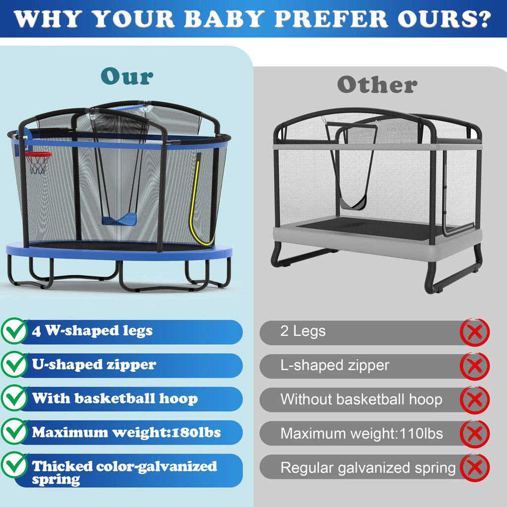 Seizeen 6FT Trampoline for Kids, 3-IN-1 Rectangular Outdoor/Indoor Trampoline with Enclosure, Basketball Hoop, Swing