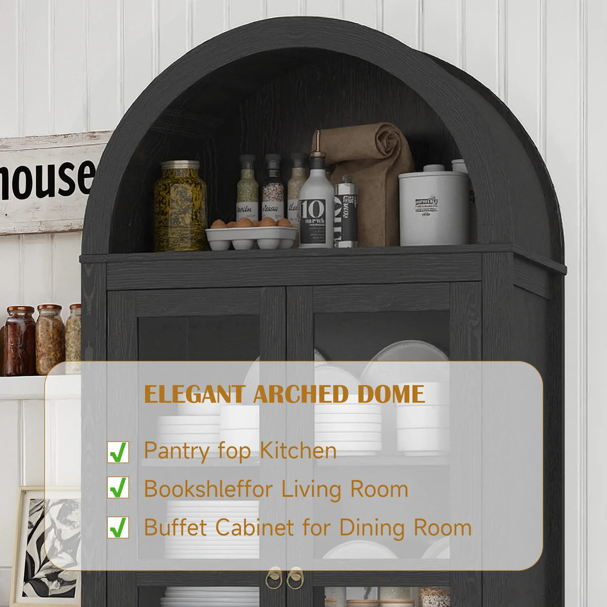 LAZZO 73-Inch Tall Arched Kitchen Pantry Storage Cabinet, 2 Doors, Brown