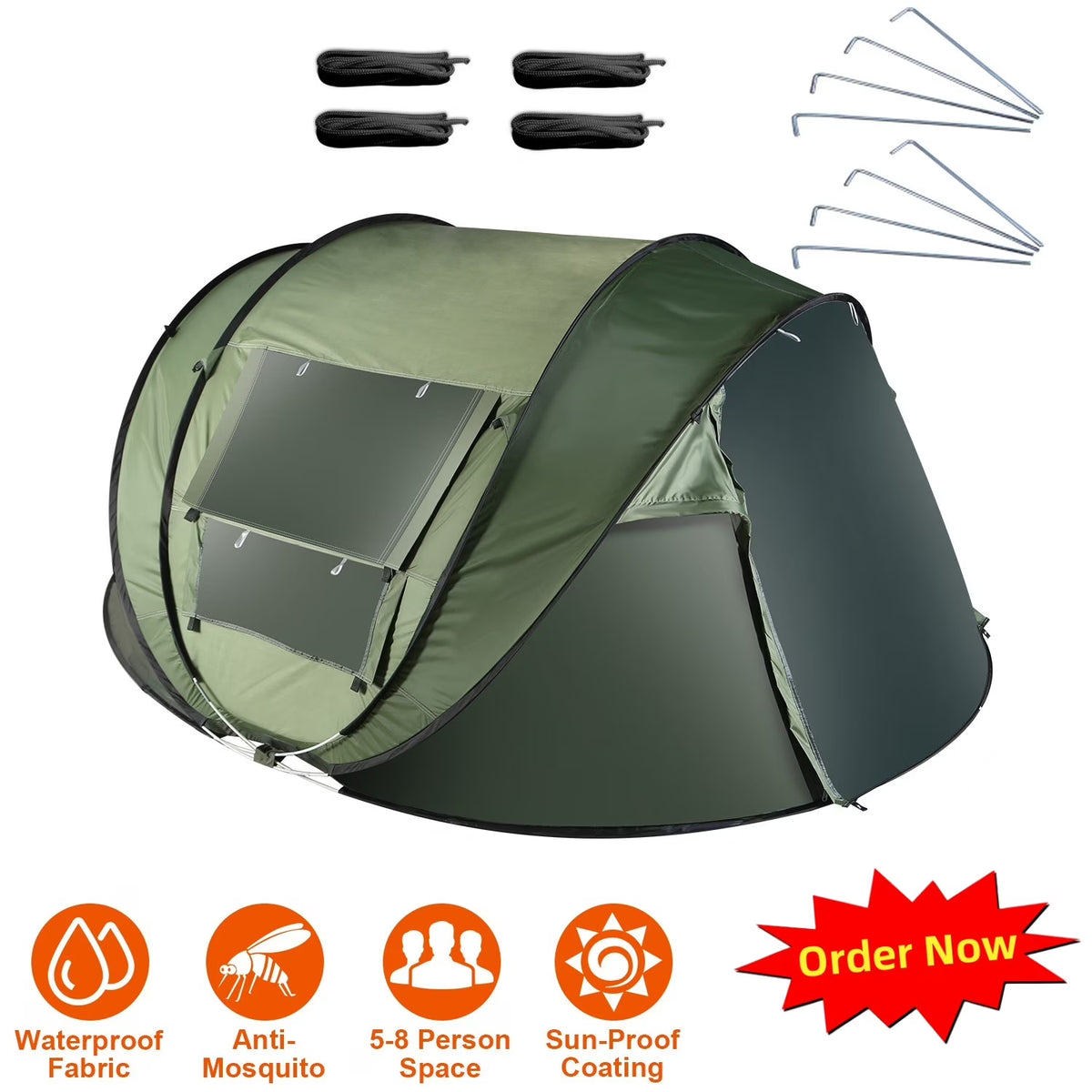 Tcbosik Easy Pop Up Tent for 5-8 Person, Automatic Setup Instant Family Tent with 2 Doors and 4 Mosquito Net Windows, Waterproof Camping Tent with Carry Bag for Hiking & Traveling, Khaki