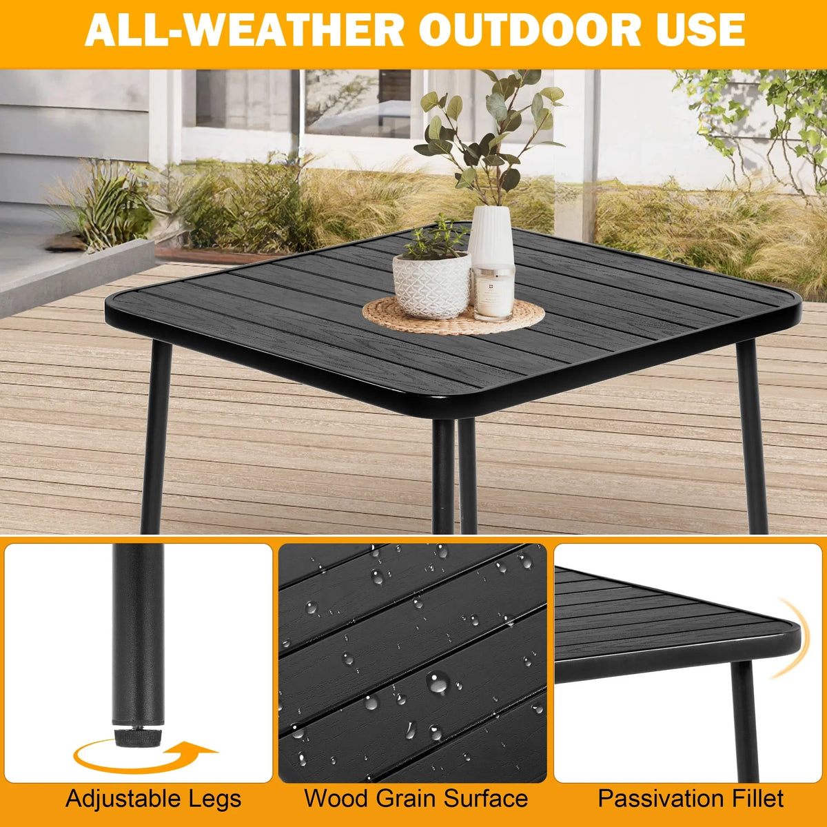 Seizeen 7-Piece Outdoor Table and Chairs, Patio Table Set with 6 Rattan Chairs, All-weather Outdoor Patio Dining Sets Rectangular Metal Table with Acacia Wood Top, Umbrella Hole, Gray