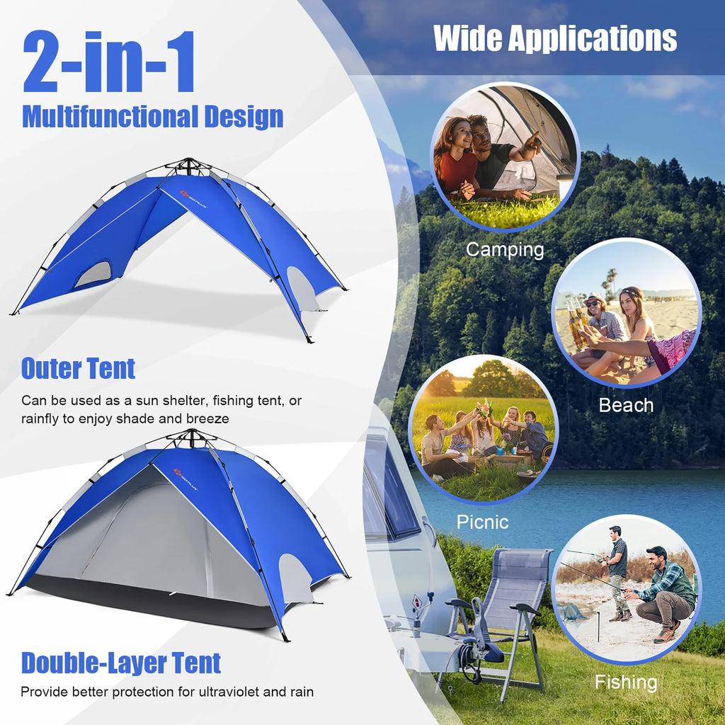 Goplus 4 Person Instant Pop-up Camping Tent 2-in-1 Double-Layer Waterproof Tent Blue