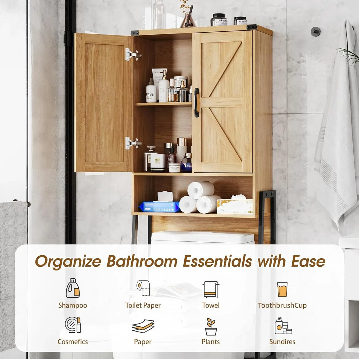 Vabches Over The Toilet Storage Cabinet, 68" H Farmhouse Freestanding Bathroom Storage Organizer with Double Doors & Storage Shelves