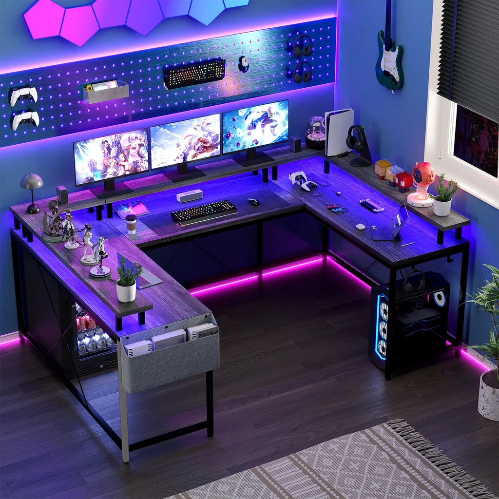 Yesfashion U Shaped Computer Gaming Desk, Reversible L Shaped Desk with Power Outlets, LED Strip & Monitor Stand, Large Corner Desk with Storage Shelves