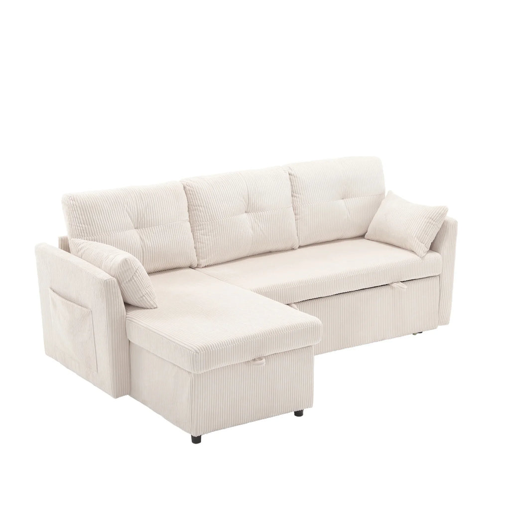 Villeston L-Shaped 3-Seat Sofa with Pull-Out Bed, with Storage Chaise Couch for Living Room, Chenille Fabric,Olive
