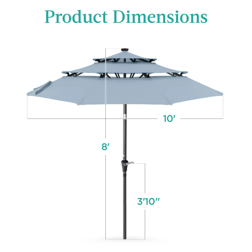 Best Choice Products 10ft 3-Tier Solar Patio Umbrella w/ 24 LED Lights, Tilt Adjustment, Easy Crank - Tan