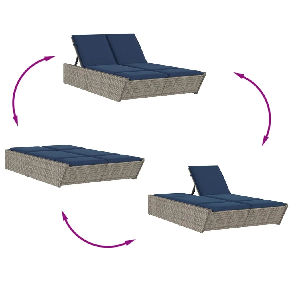 vidaXL Double Sun Lounger with Cushions Outdoor Poly Rattan Brown/Gray/Black