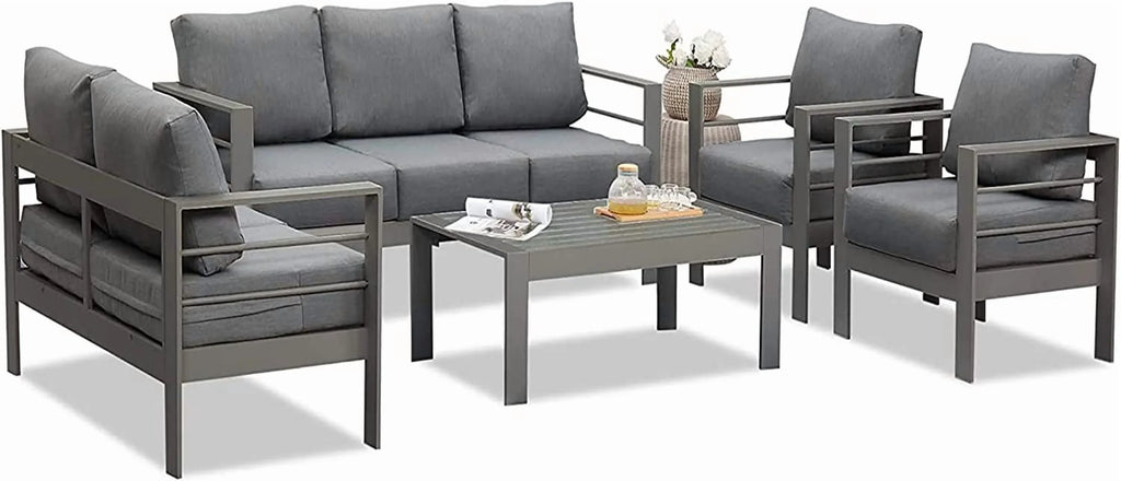 Superjoe Outdoor 3 Seats Patio Aluminum Sofa Furniture, Couch Gray Metal Chair with Cushions, Dark Grey