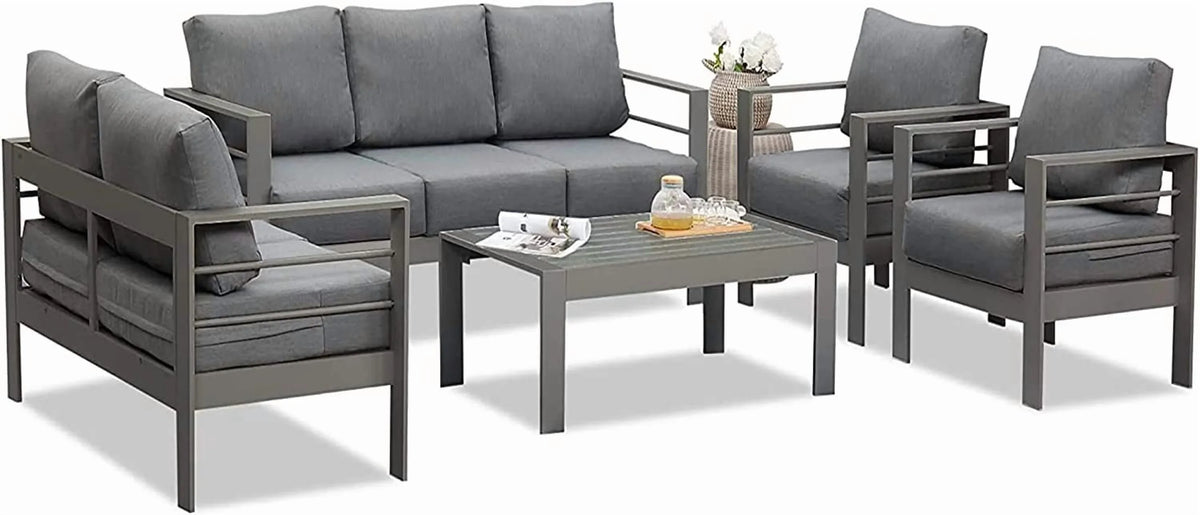 Superjoe Outdoor 3 Seats Patio Aluminum Sofa Furniture, Couch Gray Metal Chair with Cushions, Dark Grey
