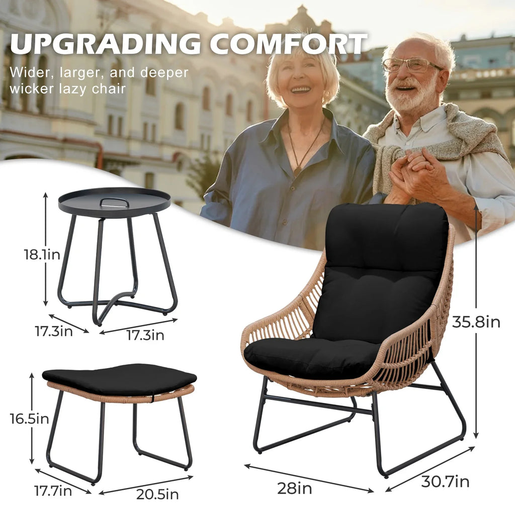 Tappio Wicker Papasan Egg Chair with Ottoman, Outdoor Patio Basket Lounge Chair Indoor Oversized Egg Lounger with Thick Cushion for Living Room Bedroom Balcony Porch, Black